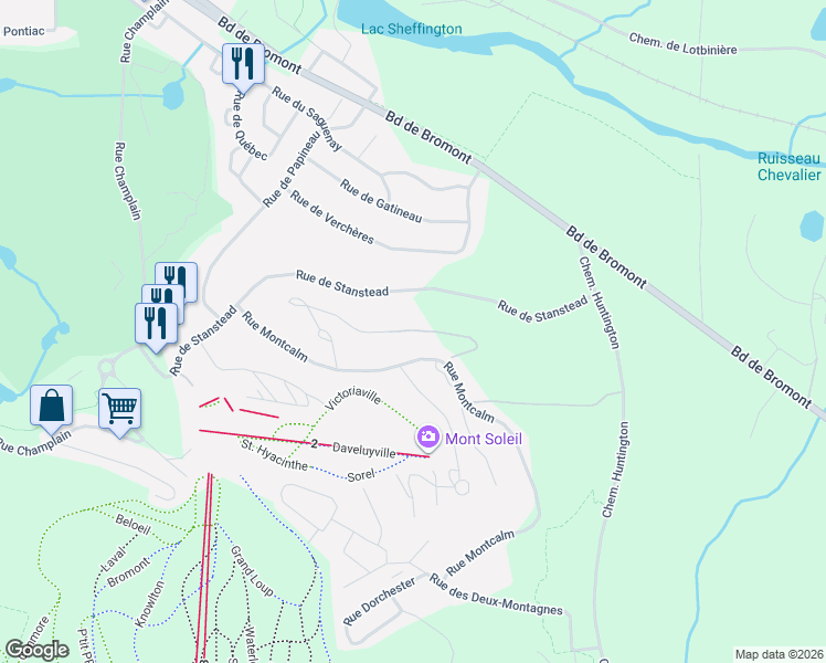 map of restaurants, bars, coffee shops, grocery stores, and more near 169 Rue de Drummond in Bromont