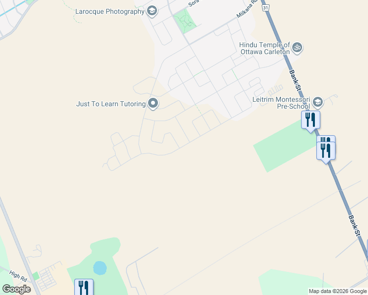 map of restaurants, bars, coffee shops, grocery stores, and more near 4840 Bank Street in Ottawa