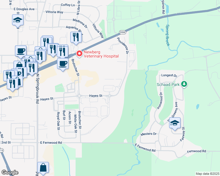 map of restaurants, bars, coffee shops, grocery stores, and more near 4061 Hayes Street in Newberg