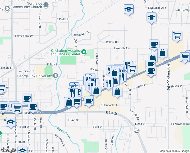map of restaurants, bars, coffee shops, grocery stores, and more near 611 Sitka Avenue in Newberg