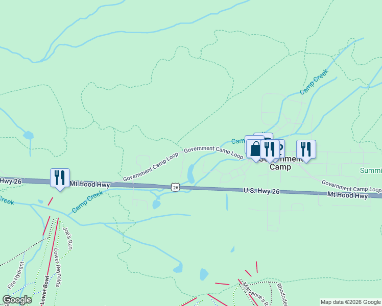 map of restaurants, bars, coffee shops, grocery stores, and more near 31230 East Collins Lake Road in Government Camp