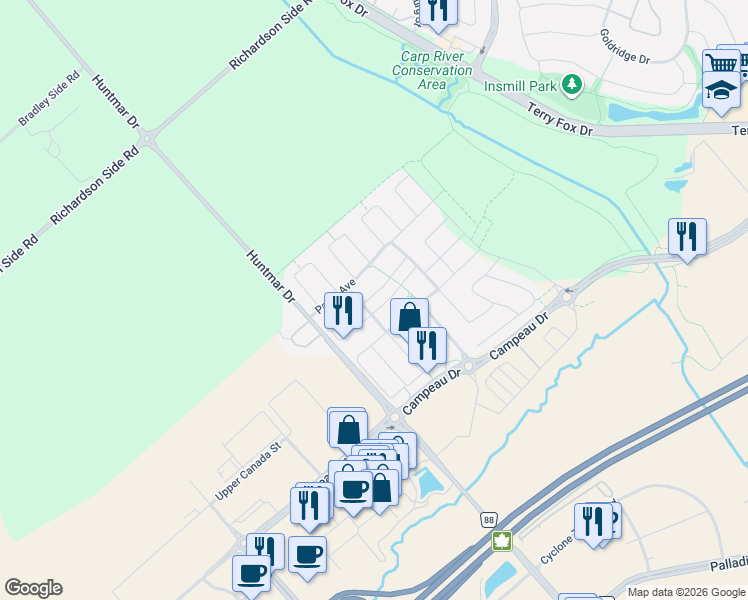 map of restaurants, bars, coffee shops, grocery stores, and more near 108 Sweetwater Lane in Ottawa
