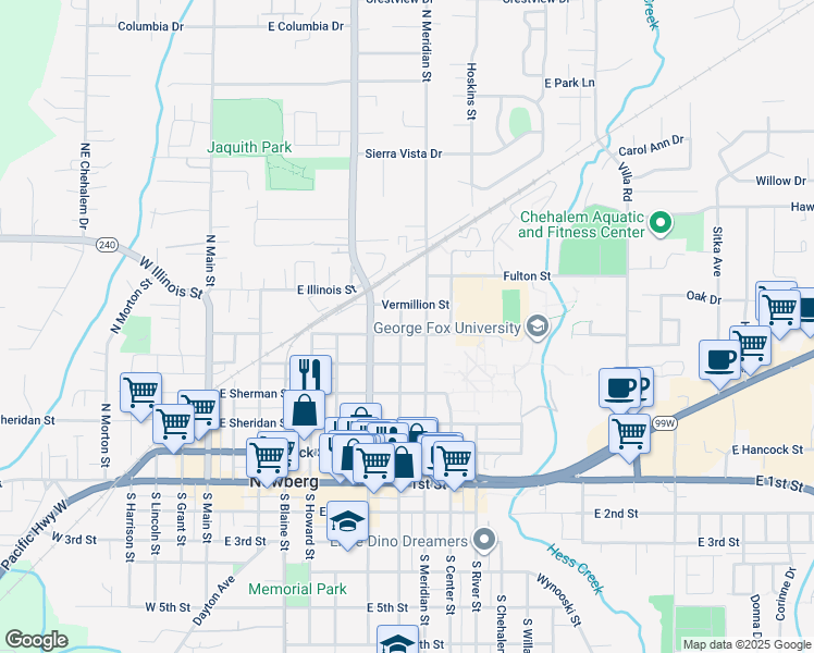 map of restaurants, bars, coffee shops, grocery stores, and more near 801 East North Street in Newberg