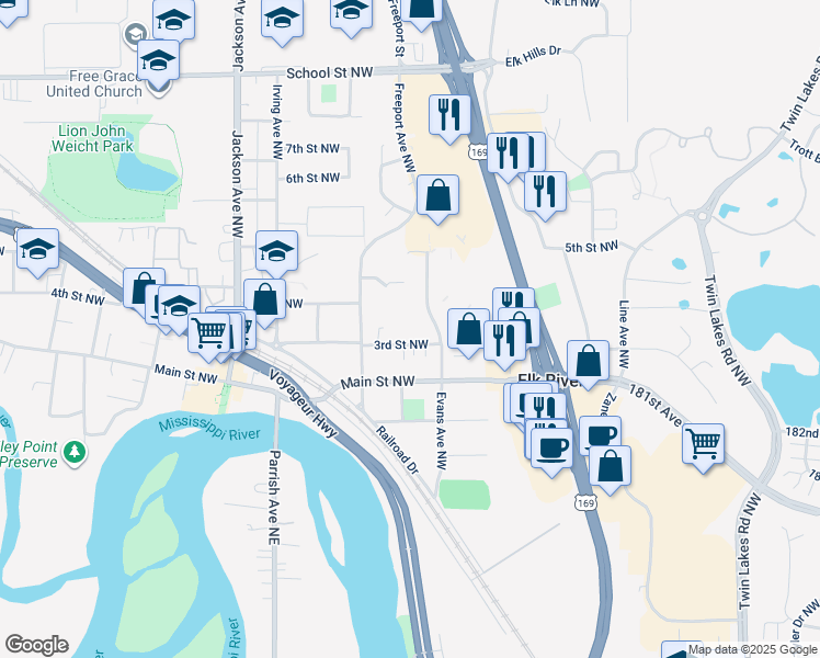 map of restaurants, bars, coffee shops, grocery stores, and more near 300 3rd Street Northwest in Elk River
