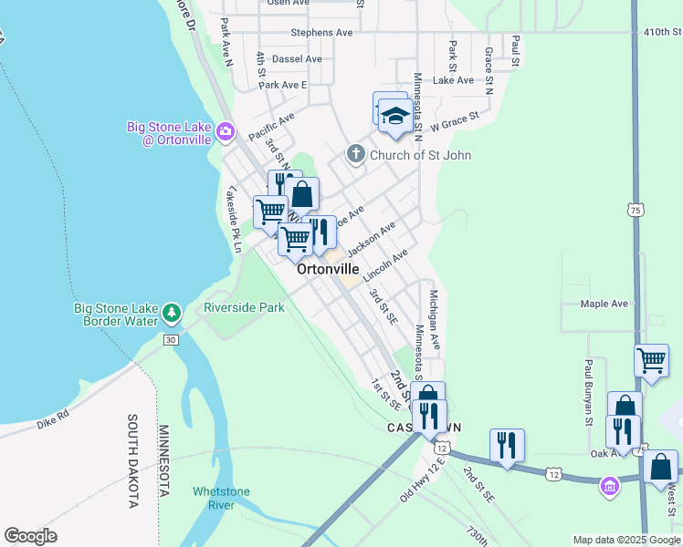 map of restaurants, bars, coffee shops, grocery stores, and more near 20 2nd Street Southeast in Ortonville