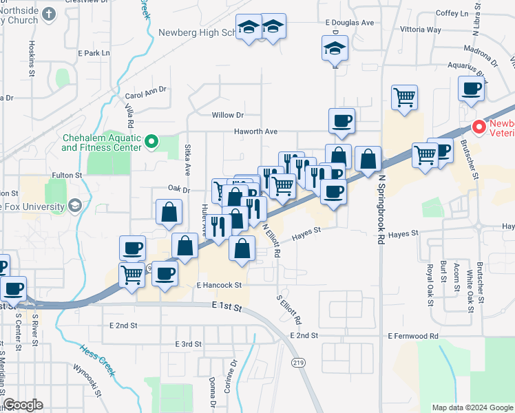 map of restaurants, bars, coffee shops, grocery stores, and more near 605 Elliott Road in Newberg