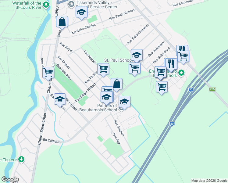 map of restaurants, bars, coffee shops, grocery stores, and more near 126 Rue Boyer in Beauharnois
