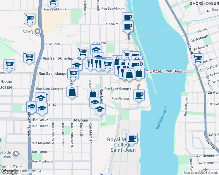 map of restaurants, bars, coffee shops, grocery stores, and more near 160 Rue Longueuil in Saint-Jean-sur-Richelieu