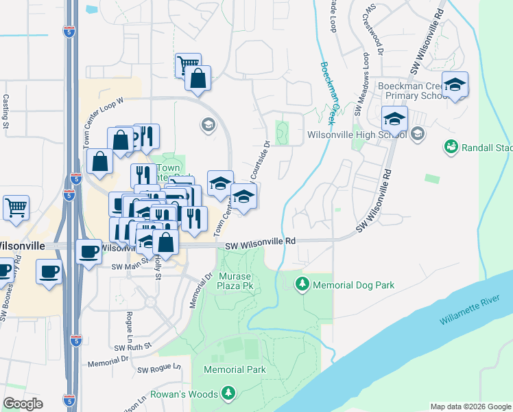 map of restaurants, bars, coffee shops, grocery stores, and more near 29750 Southwest Courtside Drive in Wilsonville