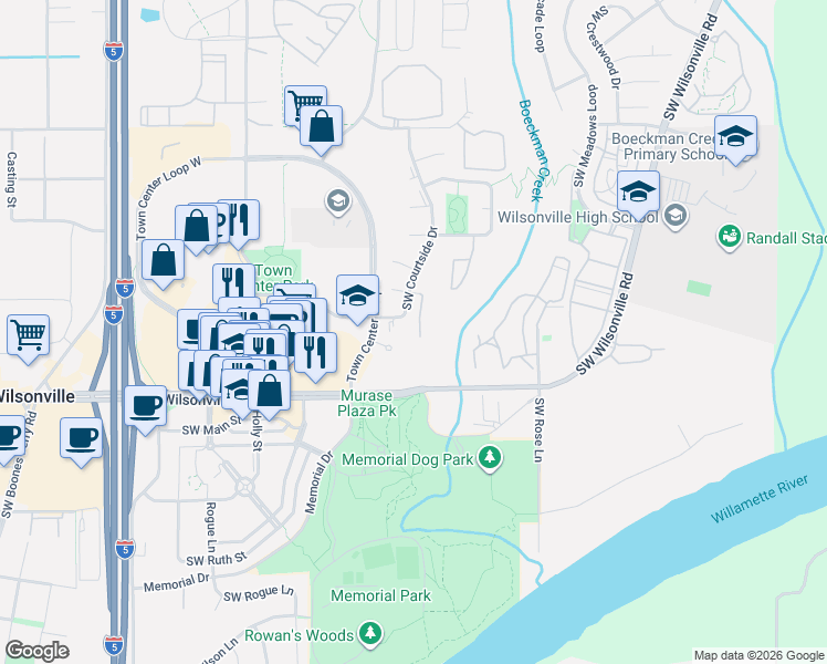 map of restaurants, bars, coffee shops, grocery stores, and more near 7920 Southwest Courtside Way in Wilsonville