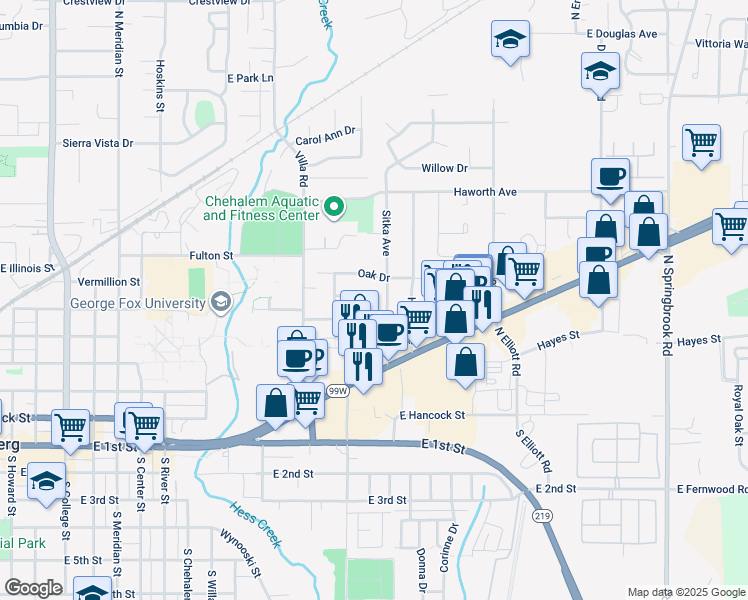 map of restaurants, bars, coffee shops, grocery stores, and more near 611 Sitka Avenue in Newberg