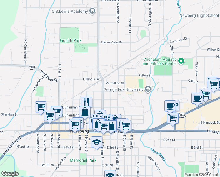 map of restaurants, bars, coffee shops, grocery stores, and more near 801 East North Street in Newberg
