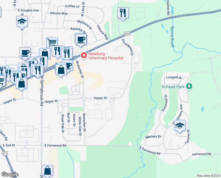map of restaurants, bars, coffee shops, grocery stores, and more near 4061 Hayes Street in Newberg