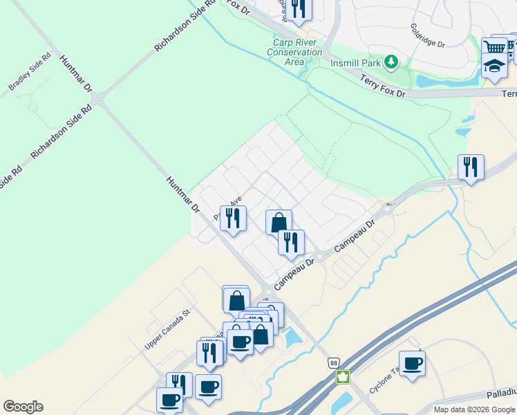 map of restaurants, bars, coffee shops, grocery stores, and more near 114 Sweetwater Lane in Ottawa