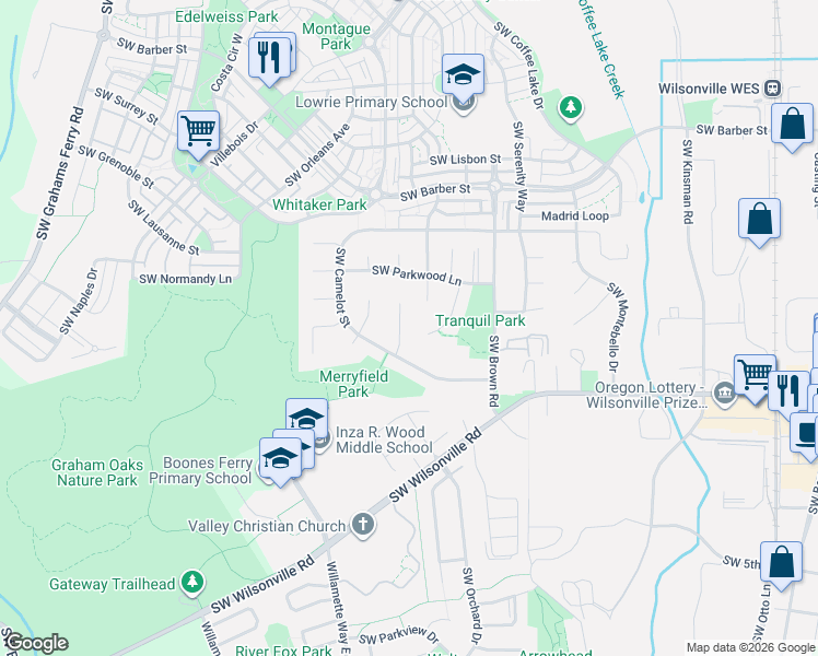 map of restaurants, bars, coffee shops, grocery stores, and more near 29769 Southwest Lancelot Lane in Wilsonville