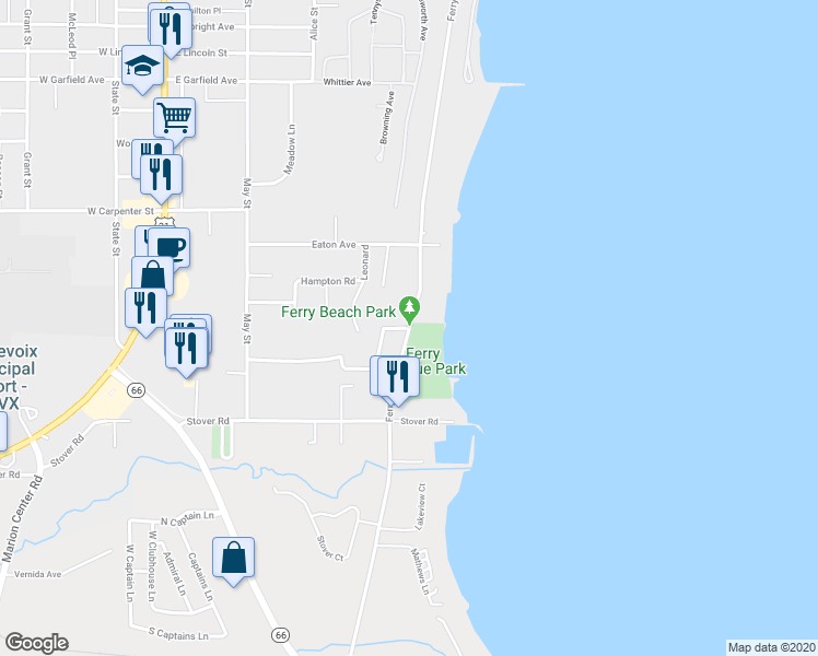 map of restaurants, bars, coffee shops, grocery stores, and more near 215 Ferry Avenue in Charlevoix