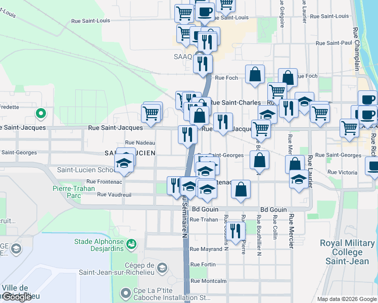 map of restaurants, bars, coffee shops, grocery stores, and more near 160 Boulevard du Séminaire Nord in Saint-Jean-sur-Richelieu