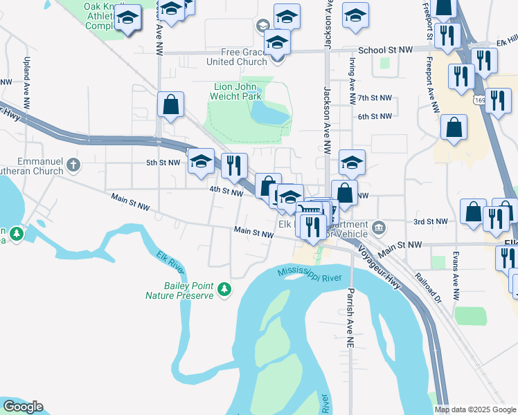 map of restaurants, bars, coffee shops, grocery stores, and more near 927 U.S. 10 in Elk River