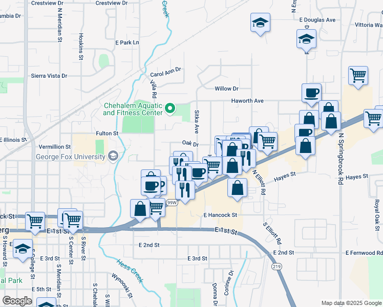map of restaurants, bars, coffee shops, grocery stores, and more near 611 Sitka Avenue in Newberg