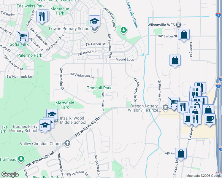 map of restaurants, bars, coffee shops, grocery stores, and more near 10495 Southwest Franklin Lane in Wilsonville
