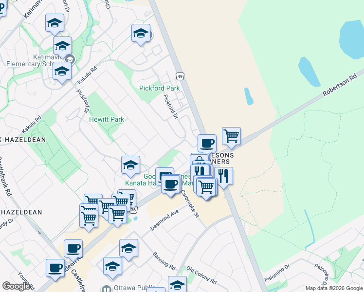 map of restaurants, bars, coffee shops, grocery stores, and more near 287 Pickford Drive in Ottawa