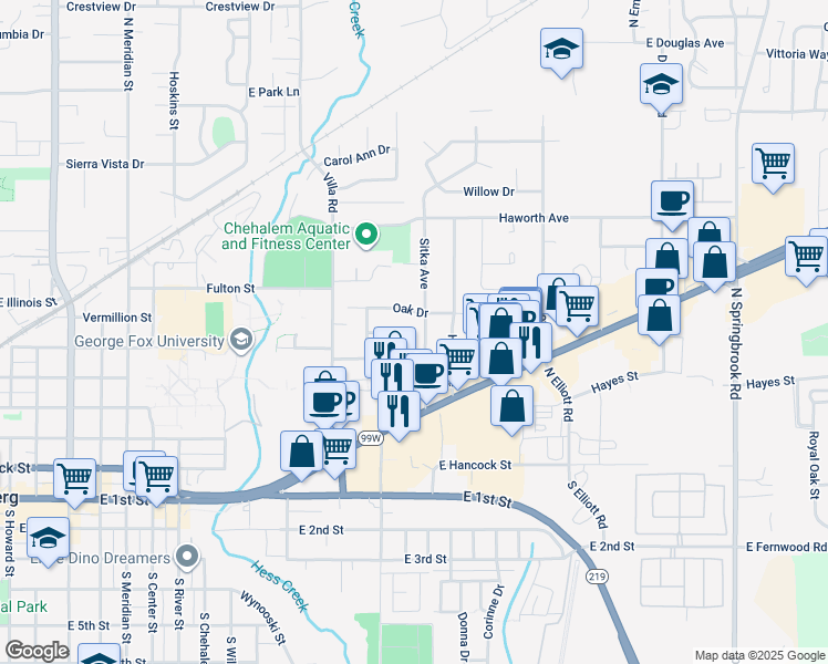 map of restaurants, bars, coffee shops, grocery stores, and more near 611 Sitka Avenue in Newberg