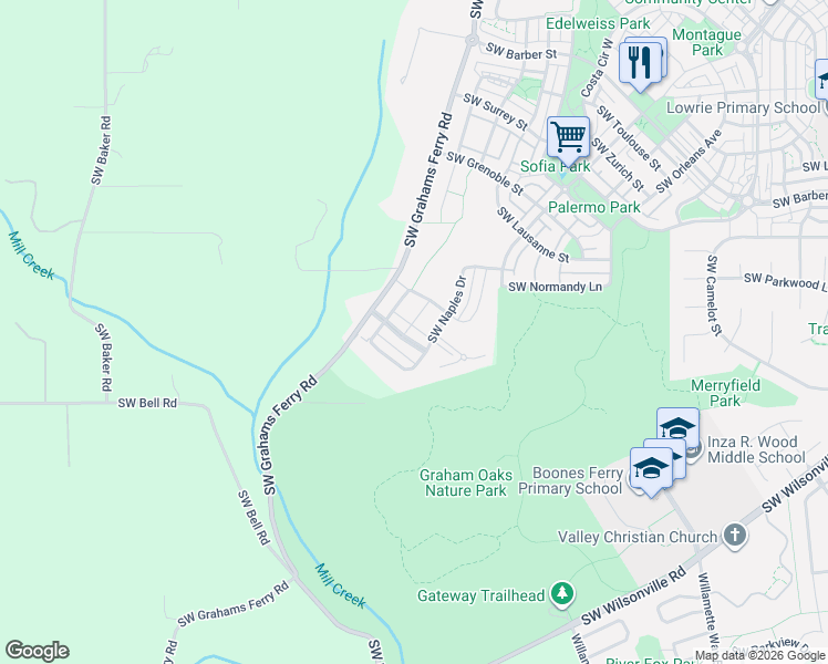 map of restaurants, bars, coffee shops, grocery stores, and more near 12329 Southwest Athens Lane in Wilsonville