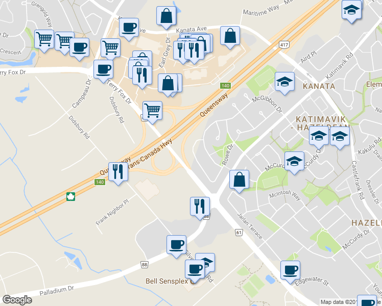 map of restaurants, bars, coffee shops, grocery stores, and more near 30 Rowe Drive in Ottawa