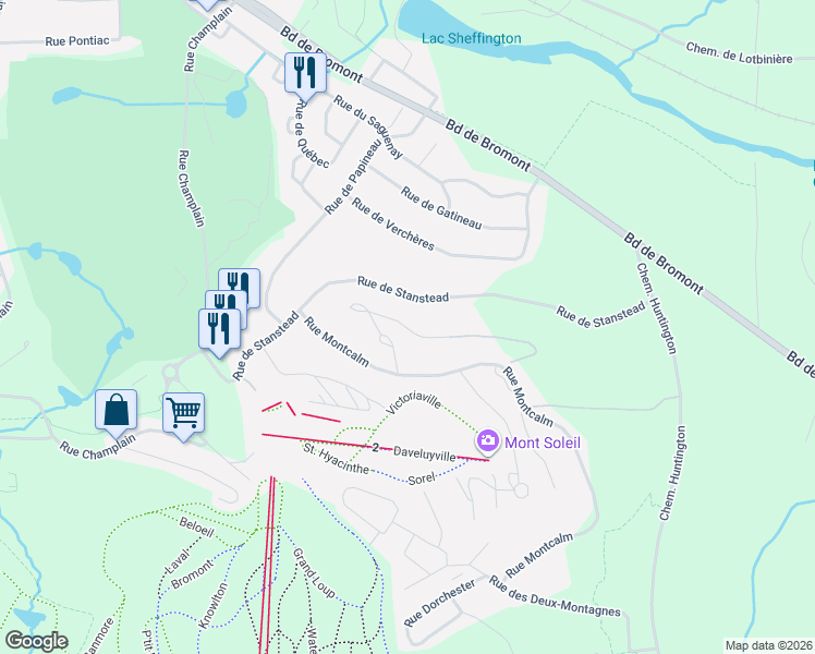 map of restaurants, bars, coffee shops, grocery stores, and more near 152 Rue de Drummond in Bromont