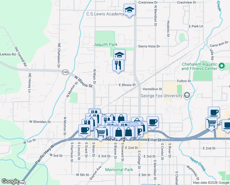 map of restaurants, bars, coffee shops, grocery stores, and more near 500 East Illinois Street in Newberg