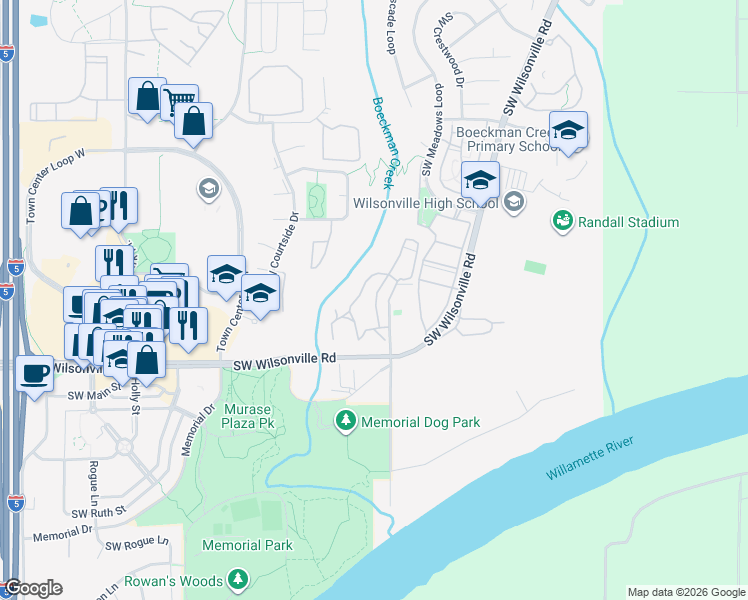 map of restaurants, bars, coffee shops, grocery stores, and more near 29865 Southwest Rose Lane in Wilsonville