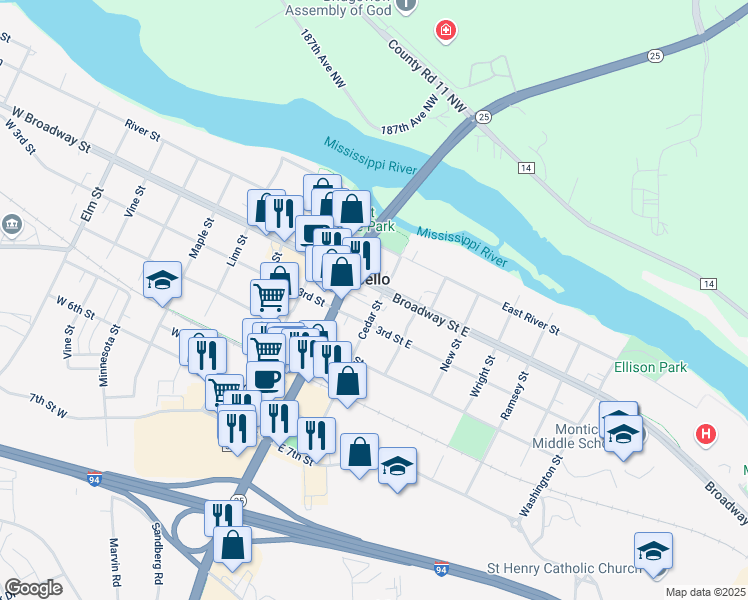 map of restaurants, bars, coffee shops, grocery stores, and more near 215 Cedar Street in Monticello