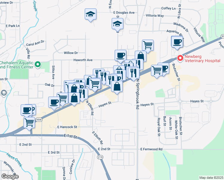 map of restaurants, bars, coffee shops, grocery stores, and more near 2818 Portland Road in Newberg
