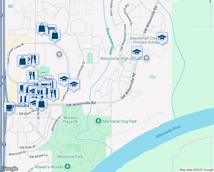 map of restaurants, bars, coffee shops, grocery stores, and more near 29865 Southwest Rose Lane in Wilsonville