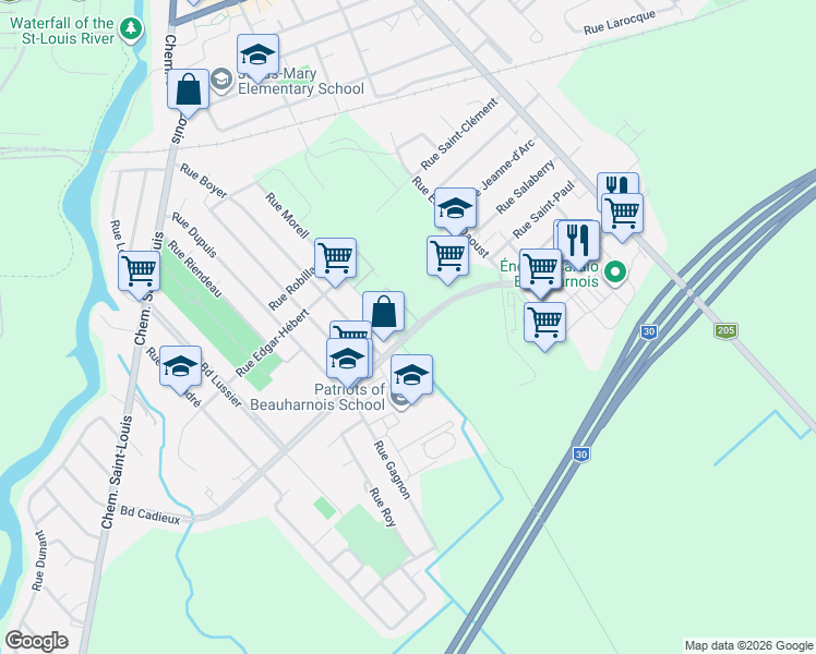 map of restaurants, bars, coffee shops, grocery stores, and more near 737 Boulevard Cadieux in Beauharnois