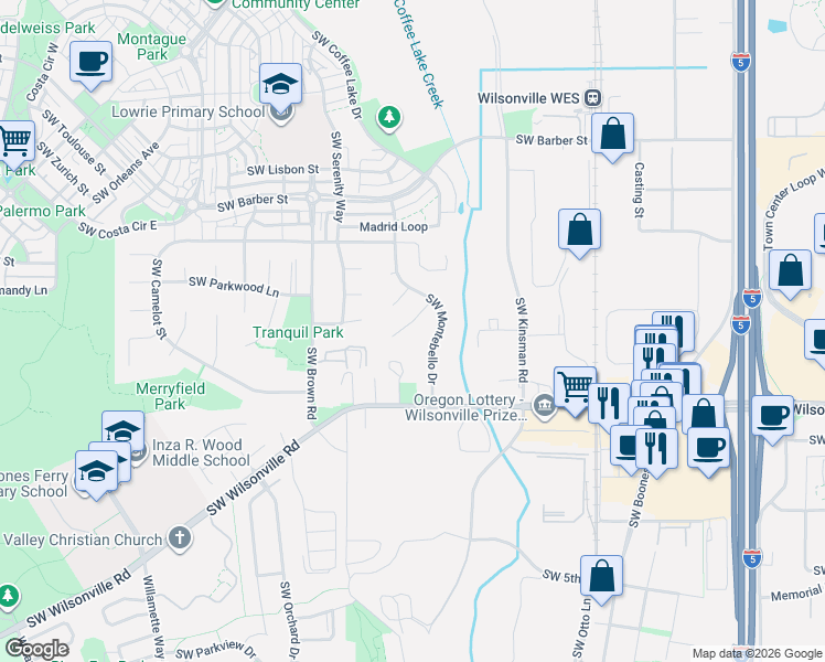 map of restaurants, bars, coffee shops, grocery stores, and more near 10280 Southwest Bryton Court in Wilsonville
