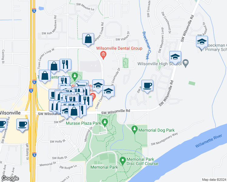 map of restaurants, bars, coffee shops, grocery stores, and more near 7920 Southwest Courtside Way in Wilsonville