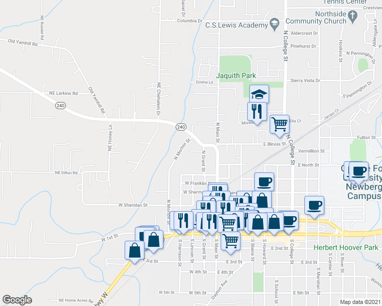 map of restaurants, bars, coffee shops, grocery stores, and more near 620 North Morton Street in Newberg