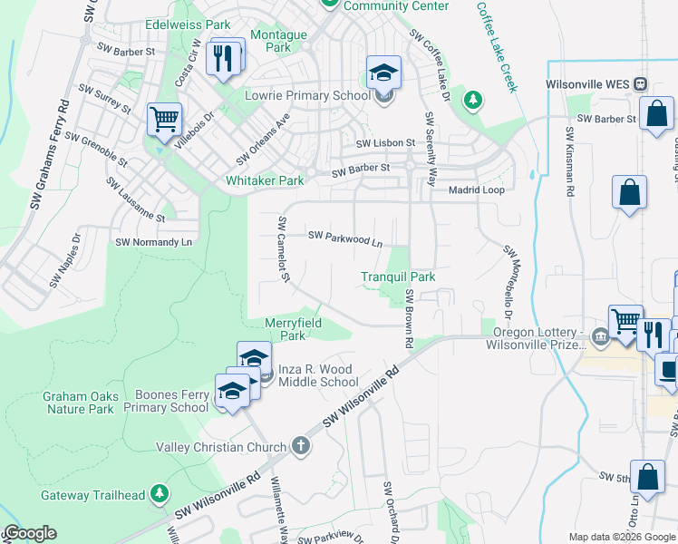 map of restaurants, bars, coffee shops, grocery stores, and more near 29769 Southwest Lancelot Lane in Wilsonville
