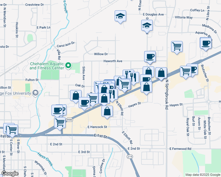map of restaurants, bars, coffee shops, grocery stores, and more near 605 Elliott Road in Newberg