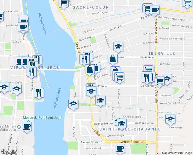 map of restaurants, bars, coffee shops, grocery stores, and more near 172 3e Av in Saint-Jean-sur-Richelieu