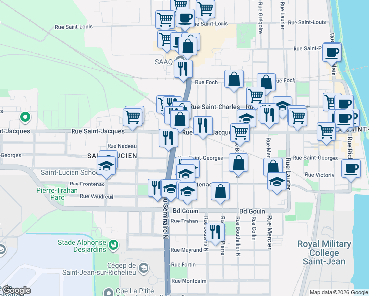 map of restaurants, bars, coffee shops, grocery stores, and more near 177 Rue Chènier in Saint-Jean-sur-Richelieu