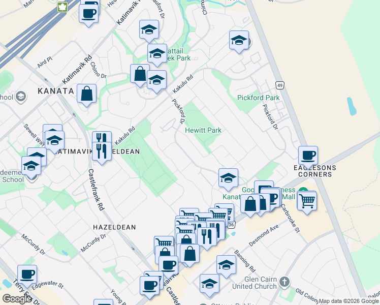 map of restaurants, bars, coffee shops, grocery stores, and more near 432 Pickford Drive in Ottawa