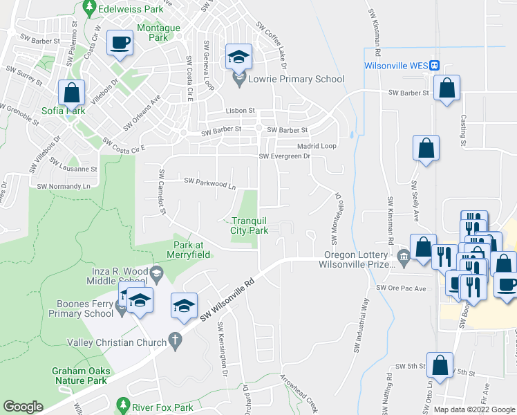 map of restaurants, bars, coffee shops, grocery stores, and more near Southwest Brown Road in Wilsonville