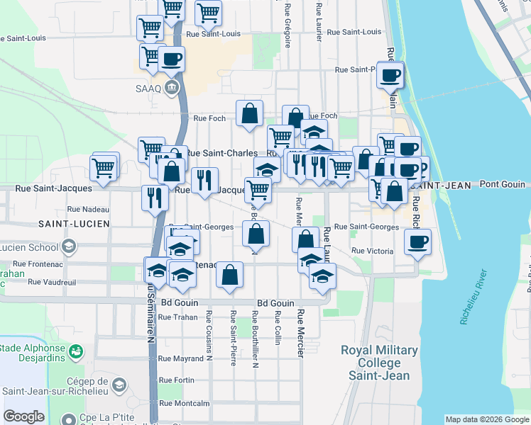map of restaurants, bars, coffee shops, grocery stores, and more near 165 Rue Bouthillier Nord in Saint-Jean-sur-Richelieu
