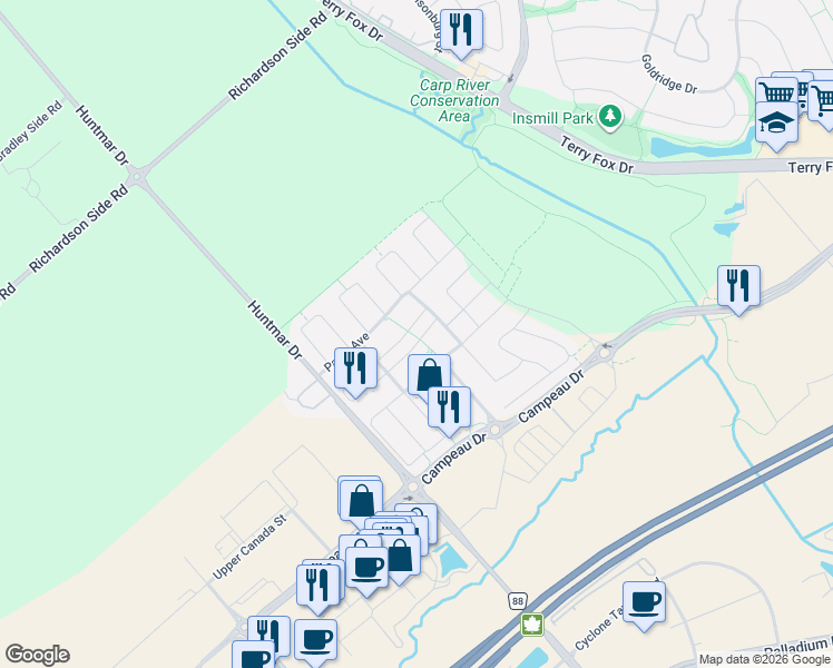 map of restaurants, bars, coffee shops, grocery stores, and more near 236 Halyard Way in Ottawa
