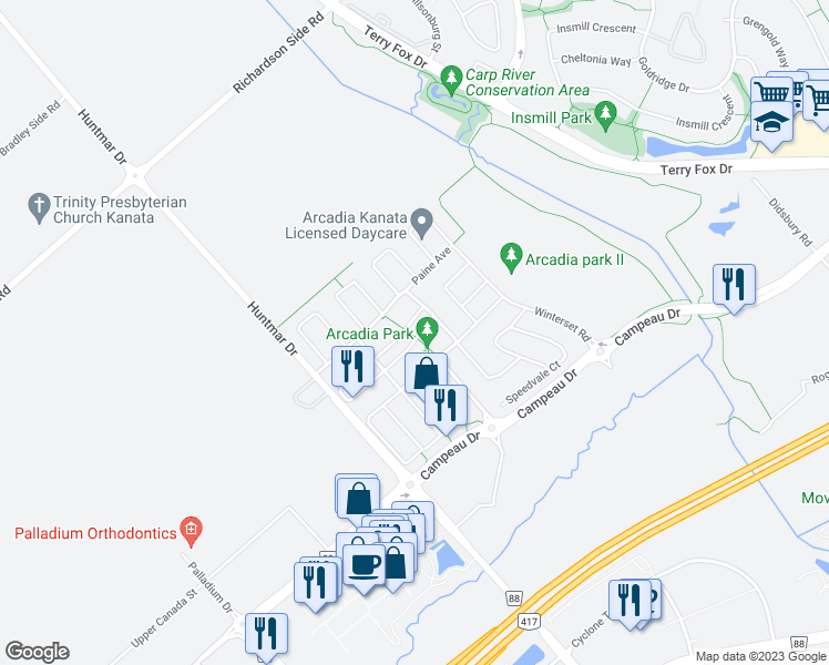 map of restaurants, bars, coffee shops, grocery stores, and more near 236 Halyard Way in Ottawa