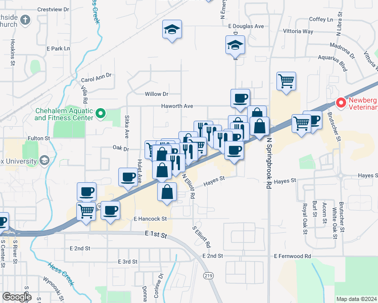 map of restaurants, bars, coffee shops, grocery stores, and more near 704 Elliott Road in Newberg