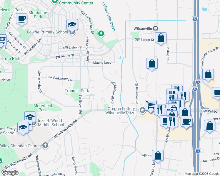 map of restaurants, bars, coffee shops, grocery stores, and more near 10280 Southwest Bryton Court in Wilsonville