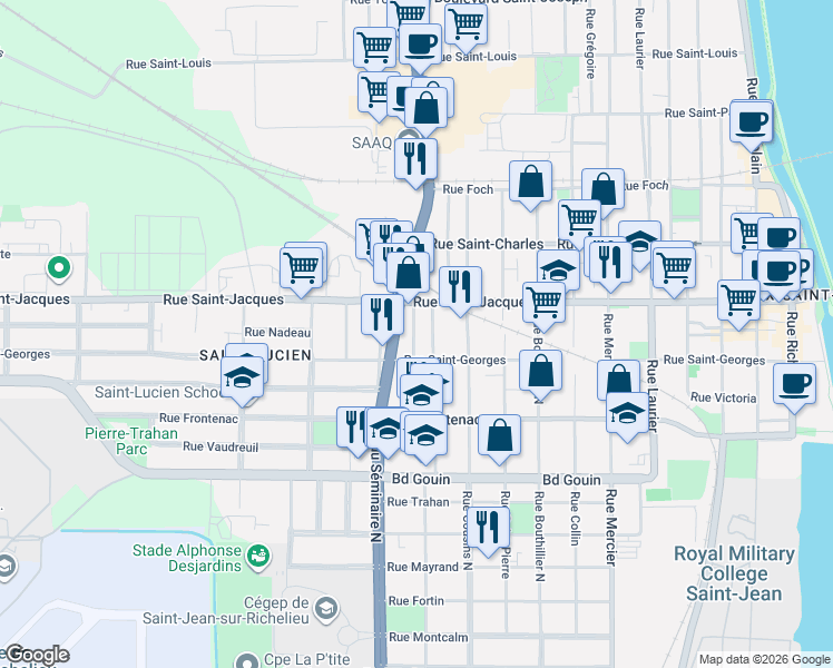 map of restaurants, bars, coffee shops, grocery stores, and more near 177 Rue Chènier in Saint-Jean-sur-Richelieu
